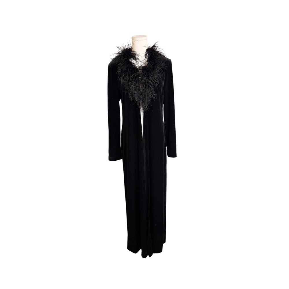 Vintage Patra Black Velvet Maxi Duster Coat L Ostrich Feather Trim 90s Y2K Glam